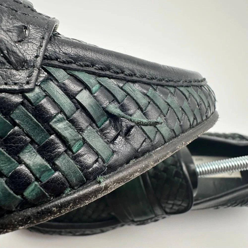 DANIELE FERRADINI Italian Soft Leather Loafers - Black Green Weave - Mens Size 9
